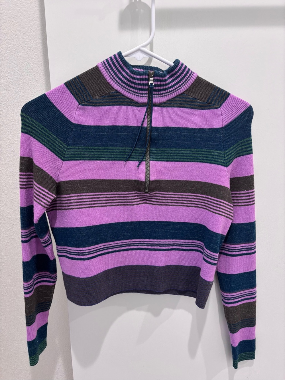 Free People striped sweater quarter zip pink and green